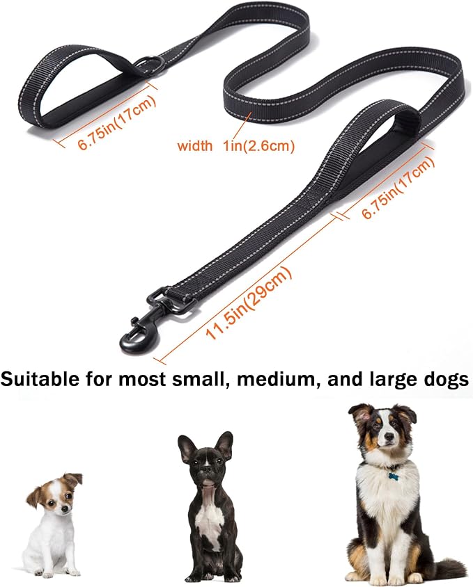 Solmoony 6FT Black Strong Dog Leash with 2 Padded Handles, Traffic Handle Extra Control, Double-Sided Reflective Walking Lead for Small Medium and Large Dogs(Black, 6FT)