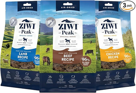 ZIWI Peak Air-Dried Dog Food Bundle - All Natural, High Protein, Grain Free & Limited Ingredient with Superfoods (Beef, Lamb & Chicken, 16oz Each)