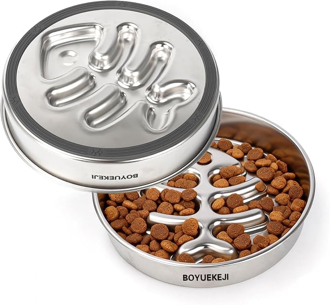 BOYUEKEJI Stainless Steel Slow Feeder Dog Bowl, 304 Grade MetalPet Food Bowl, Teddy Cat Design Insert, Healthy Feeding Solution for Dogs, Cats