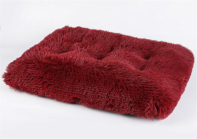 Long Plush Calming Pet Bed Cuddler Pet Bed for Dogs and Cats Fluffy Faux Fur Dog Bed with Anti Slip Bottom Machine Washable Pet Sleep Bed Crate Mat Wine Red M