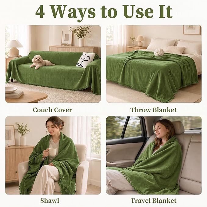 hyha Couch Cover for Dogs, Boho Sofa Covers for 3 Cushion Couch Washable, Chenille Sofa Slipcover for Pets, Soft Loveseat Sectional Couch Throw Blankets with Tassels (Green, 88.5x118 Inch)