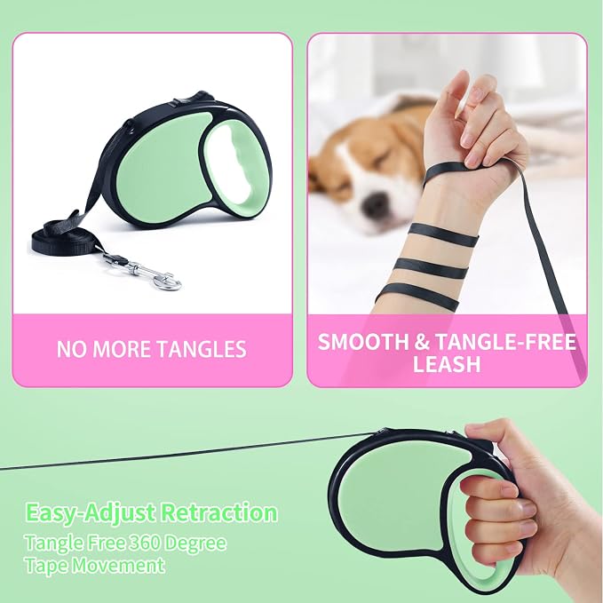 Retractable Dog Leash,[Strong Nylon Tape][One-Handed One Button Lock] for Small Medium Dogs and Cats,16ft Pet Walking Leash with 360°Tangle-Free Design,Anti-Slip Handle,Gift Package (Light Green)
