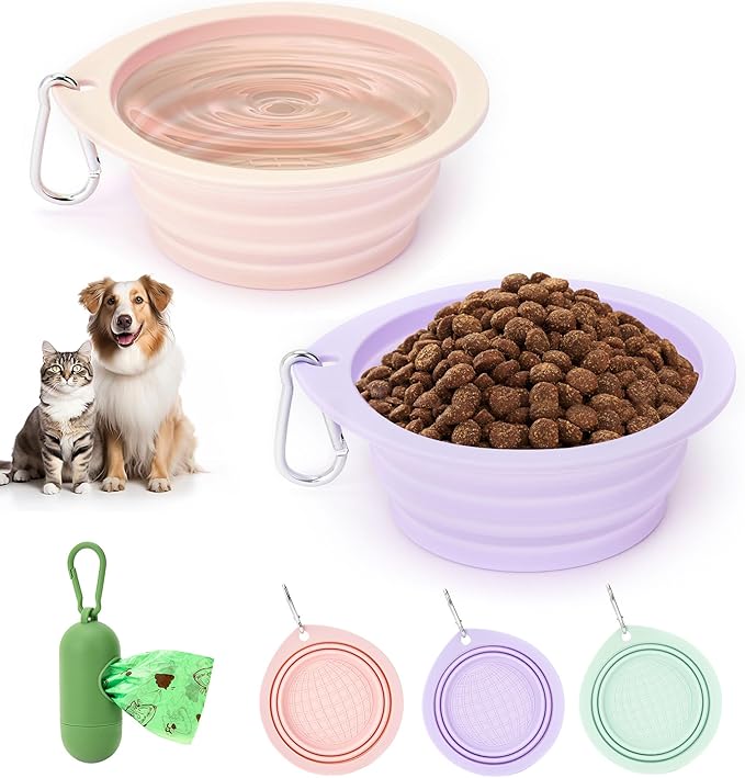 3 Pack Collapsible Dog Bowls,Pet Bowls with Pet Poop Bag Dispenser Set,Portable Silicone Travel Dog Bowls for Walking,Hiking,Camping,Outdoor Travel(Pink&Purple)