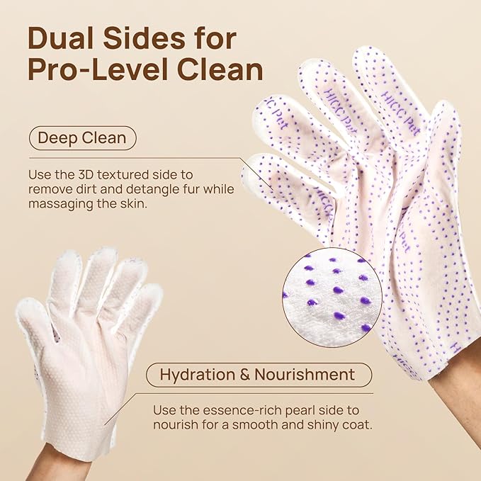 HICC PET Grooming Glove Wipes Pro – Pet Cleaning Gloves for Dogs & Cats – Infused with Coconut Oil & Plant Extracts – Hypoallergenic, Gentle, Spa-Like Care at Home, Portable 6 Pack - Coconut Scent