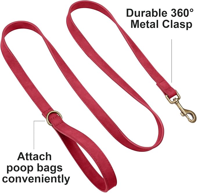 Didog Stylish PU Leather Dog Leash for Small Dogs, Easy to Clean 5ft Small Dog Leash with Metal Tangle-Free Clip, Fashionable and Elegant for Walking, Running and Training,Red, S