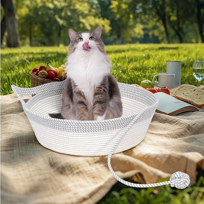 Cotton Rope Woven Cat Bed Basket, Hand Woven with Toy Tail, Small Dogs & Puppies Sleeping Bed, Indoor Cat & Rabbit Basket (Large, Gray & White)