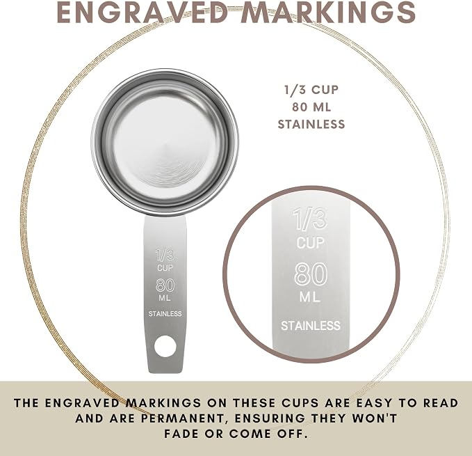 1/3 Cup Stainless Steel Measuring Cup | Sturdy Metal 80 ml | 80 cc | 3 oz | Single Cup for Wet and Dry Ingredients | Great for use as 1/3 Cup Dog Food Scoop - 1 PK