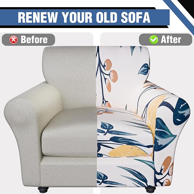 Stretch Couch Covers, Floral Printed Sofa Covers,2 Piece Armchair Slipcover with Separate Sect Cover,Washable Sofa Slipcover, Pet Friendly Furniture Protector Fit for Home (Armchair,Leaves)