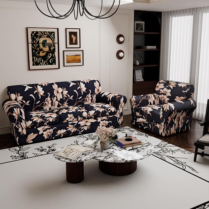 2 Piece Stretch Chair Covers Armchair Couch Covers,Floral Pattern Armchair Sofa Slipcover with Separate Chair Cushion Cover,Washable Furniture Protector for Living Room(Navy Blue)