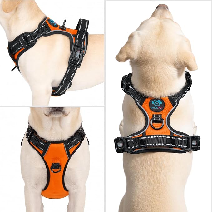 PHOEPET Reflective Dog Harness No Pull Large Breed Vest with 2 Metal Leash Attachment Hooks(L, Orange)