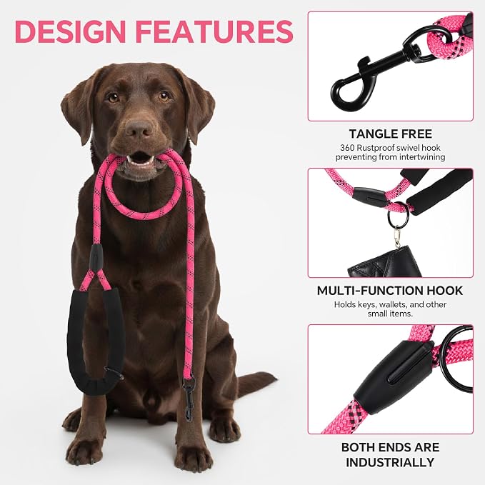 Heavy Duty Dog Leash - 4.9 FT for Large and Small Dogs - Strong Nylon, Comfortable Handle, Reflective Stitching - Ideal for Walking, Training, and Outdoor Activities, Pink