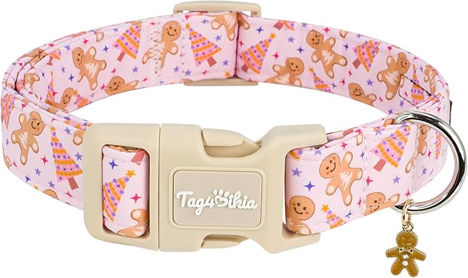 Christmas Dog Collar for Medium Dogs, Adjustable Exquisite Pink Dog Collar with Christmas Gingerbread Man Cartoon Pattern, Winter Holiday Pet Gift for Girl Boy Dogs-M