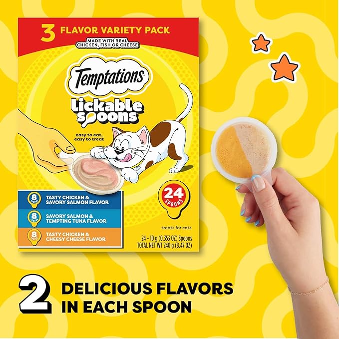Temptations Lickable Spoons, Soft Lickable Cat Treats, Adult Wet Cat Treats, Variety Pack, 24 Spoons (Pack of 2)