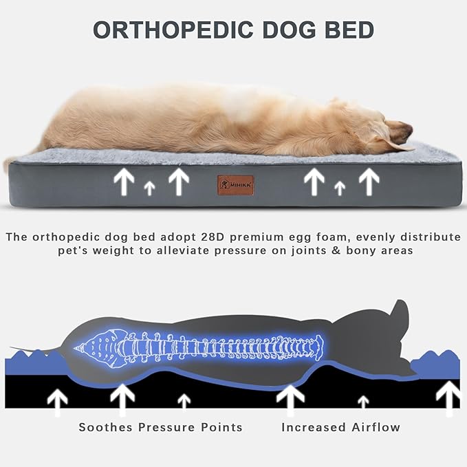 Waterproof Dog Beds Large Sized Dog Orthopedic Dog Beds for Crate with Removable Washable Cover Egg-Crate Foam Pet Pad Mat with Anti-Slip Bottom, 41x27 Inch, Grey