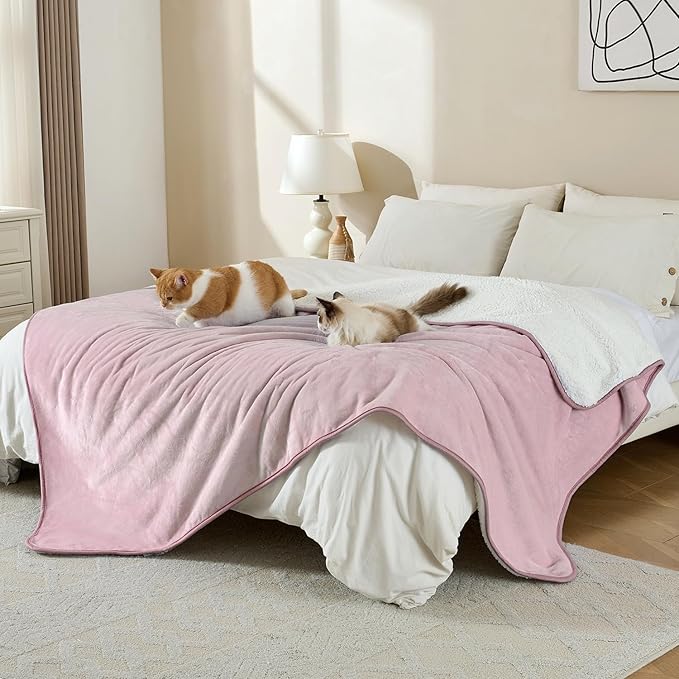 Waterproof Blanket for Bed Couch Sofa, Soft Liquid Pee Proof Pet Blanket for Dog Puppy Cat, Reversible Sherpa Fleece Furniture Protector (Dusty Pink, 60x80 inches)