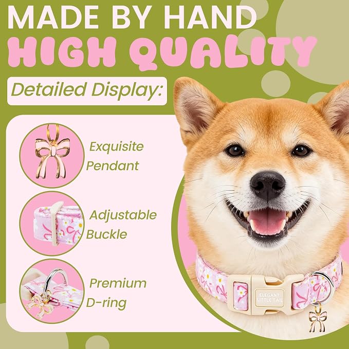 Elegant Little Tail Summer Dog Collar, Pink Sailor Bow Floral Pattern Soft Cotton Pet Collars with Sturdy Quick Release Female Adjustable Pet Collar for Small Medium Large Dogs