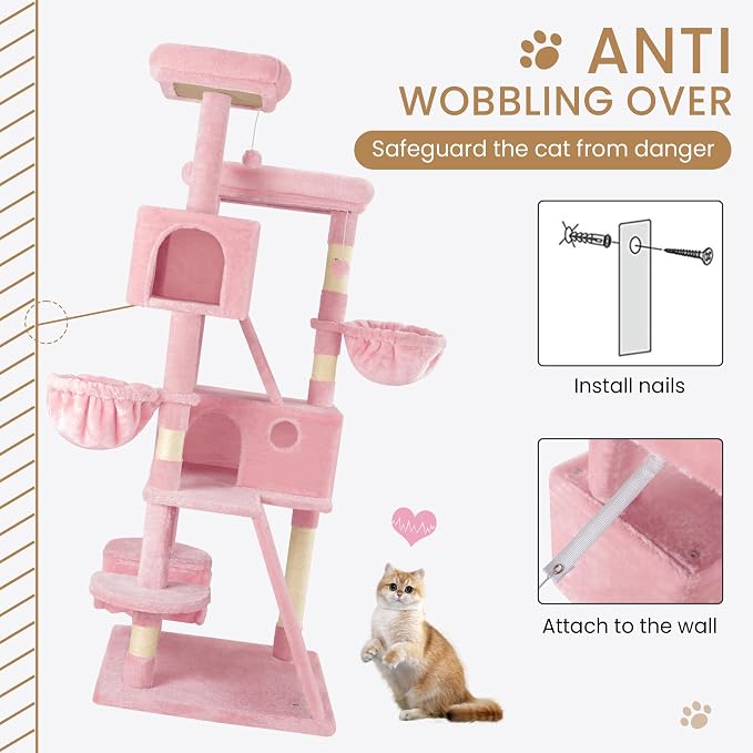 SHA CERLIN 65in Larger Cat Tree Tower Condo for Indoor Kitties/Multi-Level Furniture Activity Center with Wide Base/Cozy Plush Cat Perches/Baskets/Sisal Scratching Posts and Hammock/Pink