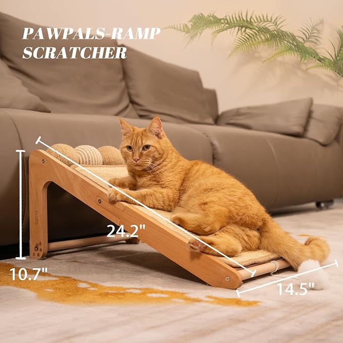 CHEERHOME PETS Sisal Cat Scratcher Ramp with Balls, 24.8" L Shape Cat Scratching Post Climbing Scratch for Indoor Cats, Solid Wooden Cat Furniture(Upgraded)