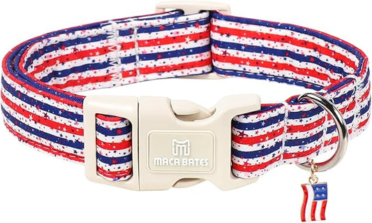 Maca Bates 4th of July Dog Collar with Flag Charm for Large Girl Boy Dogs, Star Stripes Pattern,Pretty Adjustable Durable Collars Blue Independence Day Gift for Male Female Puppy
