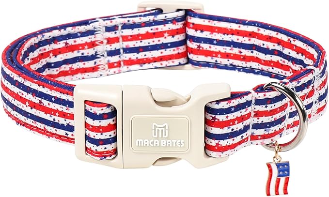 Maca Bates 4th of July Dog Collar with Flag Charm for Medium Girl Boy Dogs, Star Stripes Pattern,Pretty Adjustable Durable Collars Blue Independence Day Gift for Male Female Puppy
