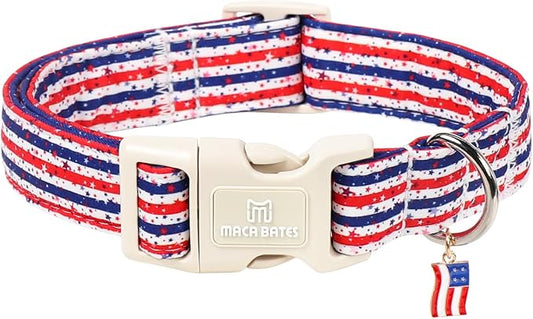 Maca Bates 4th of July Dog Collar with Flag Charm for Extra Large Girl Boy Dogs, Star Stripes Pattern,Pretty Adjustable Durable Collars Blue Independence Day Gift for Male Female Puppy