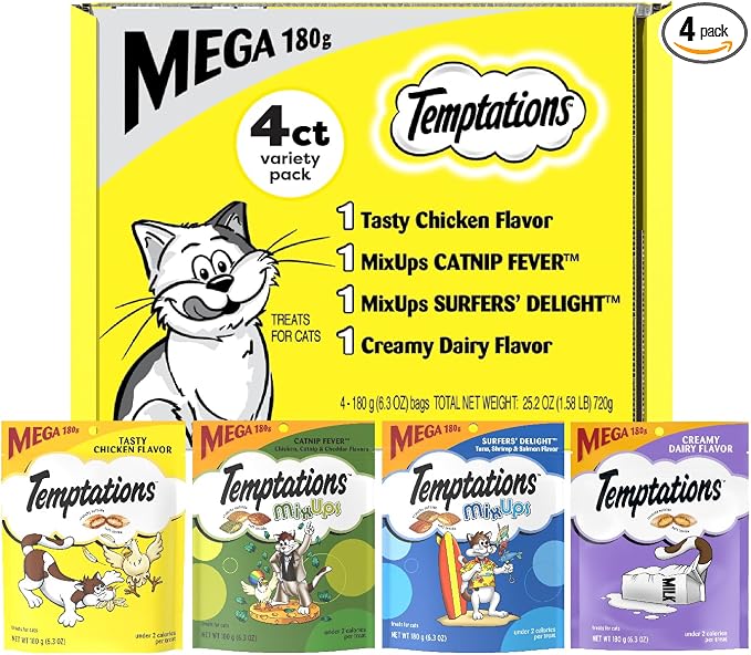 Temptations Cat Treats Classic Crunchy and Soft Cat Treats Variety Pack, 6.3 oz. Pouches (Pack of 4)