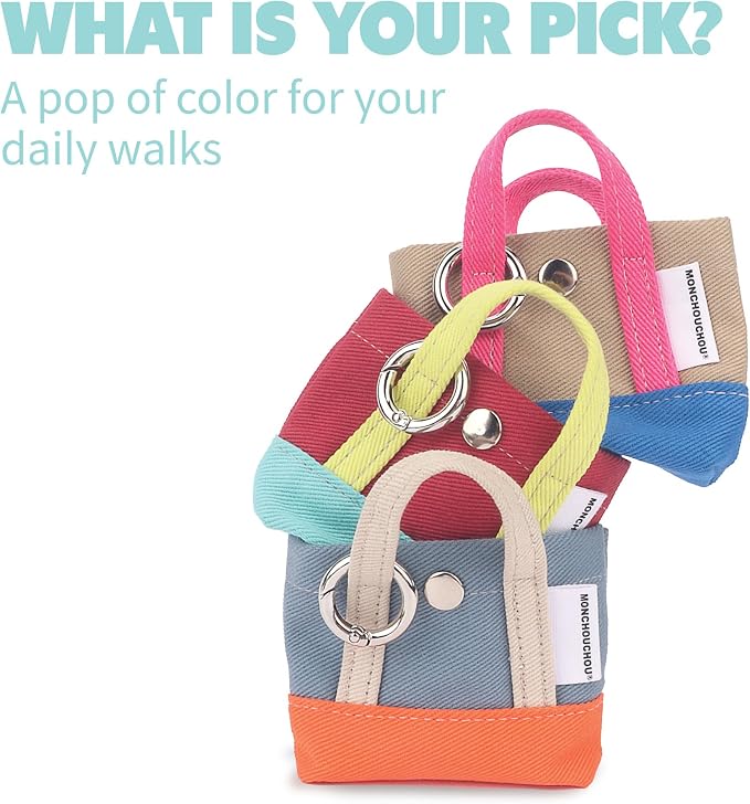 Dog Poop Bag Holder for Leash with 1 Waste Bag Roll, Canvas | Yellow Handle, Round Clip, Cotton Pouch, Small Accessory Keychain Bag, Handmade in Korea