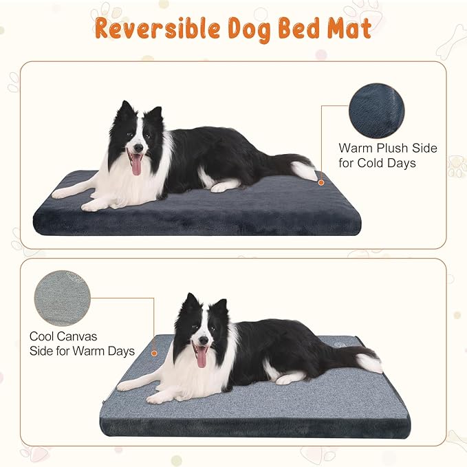 EMPSIGN Stylish Dog Bed Mat Dog Crate Pad Mattress Reversible (Cool & Warm), Water Proof Linings, Removable Machine Washable Cover, Firm Support Pet Crate Bed for Small to XX-Large Dogs, Grey