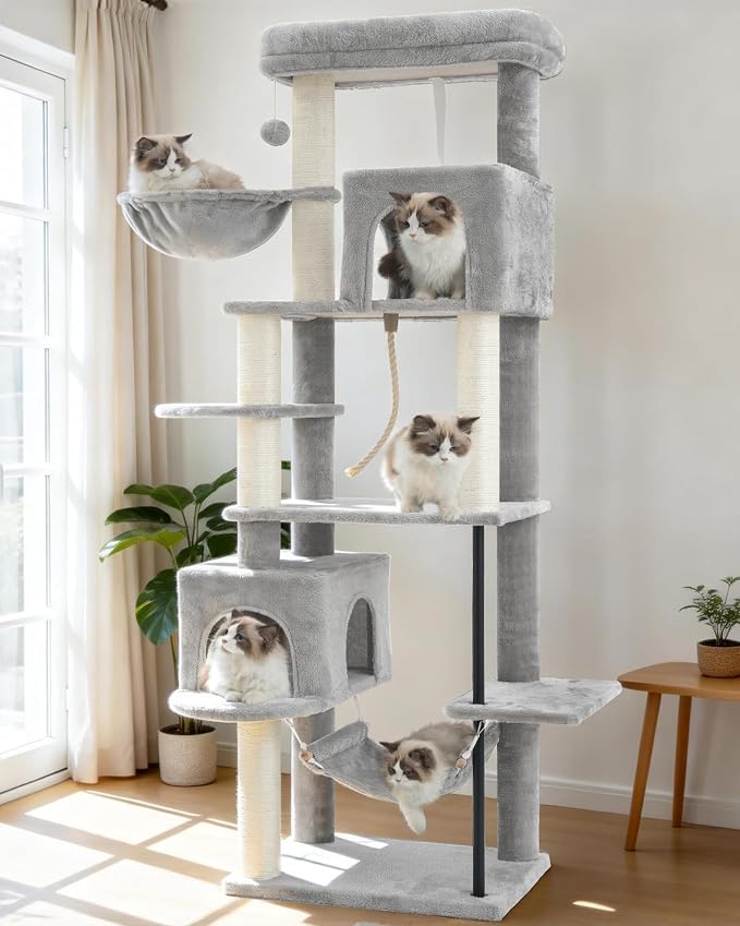Gitelsnour Cat Tree for Indoor Cats Large Adult, 70.5'' Cat Tower with Scratching Post, Sturdy Steel Pube Cat Tree Tower with Large Playing Platfrom, Hammock and Basket, Top Perch, Light Gray GCT024W
