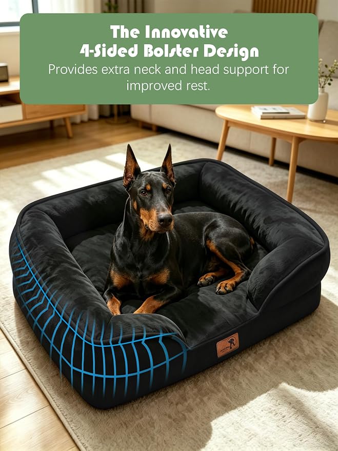 Spotted Play Orthopedic Dog Bed with Sides - Sofa Beds for Extra Large Dogs, Supportive Foam Pet Couch Bed with Washable Removable Cover, Waterproof Lining and Non-Slip Bottom, Black - XL-Plus