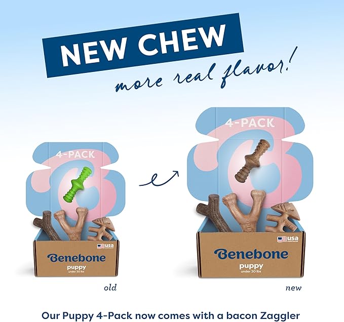 Benebone Puppy 4-Pack Durable Dog Chew Toys for Gentle Chewers, Real Bacon/Jack Salmon/Maplewood, Made in USA, Small