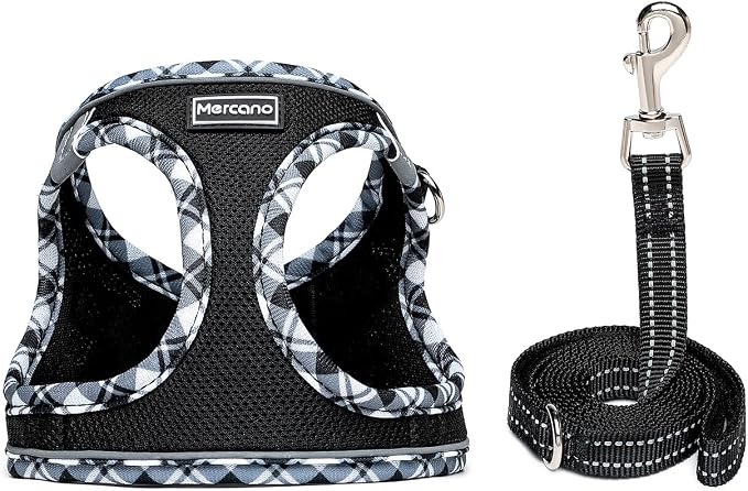 Mercano Soft Mesh Dog Harness and Leash Set, Step-in Reflective Breathable Lightweight Vest Harnesses with Safety Buckle for Small Dogs, Cats (Black White, M)