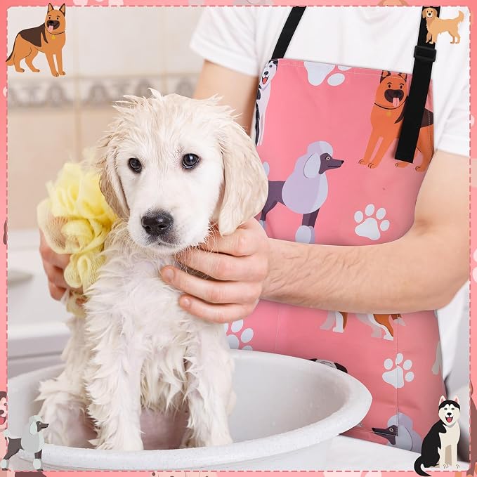 Dog Grooming Waterproof Apron with 2 Pockets, Cute Animals Puppy Dog Pets Apron