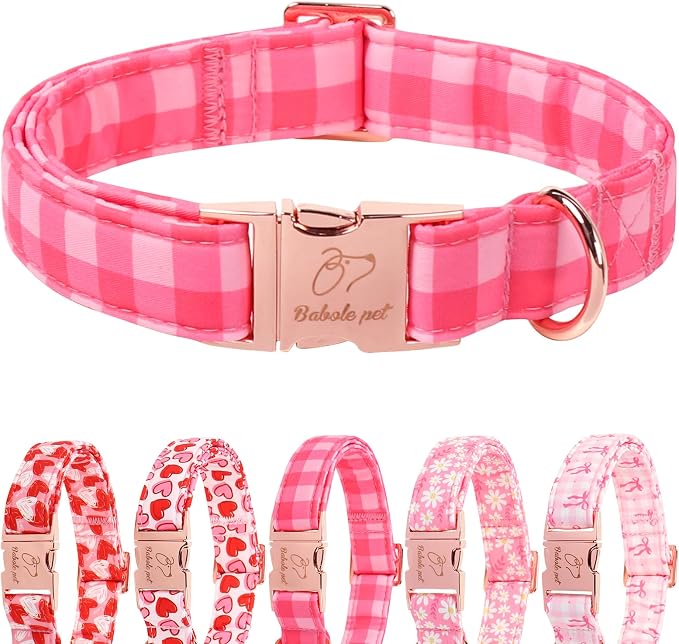 Pink Checkerboard Dog Collar, Classic Girly Plaid Dog Collars, Adjustable Heavy Duty Girl Dogs Collar for Small Medium Large Dogs with Metal Buckle M