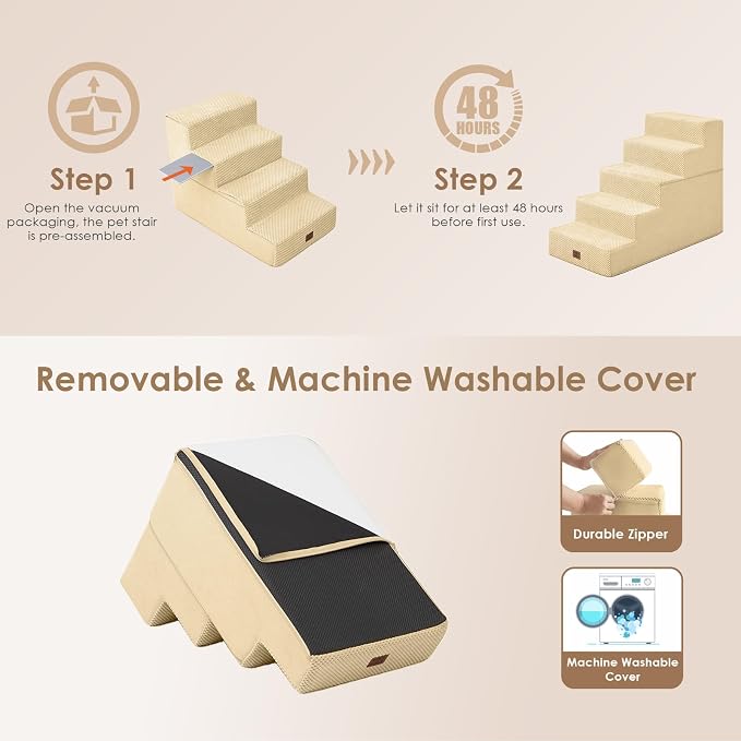 EHEYCIGA Dog Stairs for High Bed 22.5" H, 5-Step Dog Steps for Bed, Pet Steps for Small Dogs and Cats, Non-Slip Balanced Pet Ramp Indoor, Graige