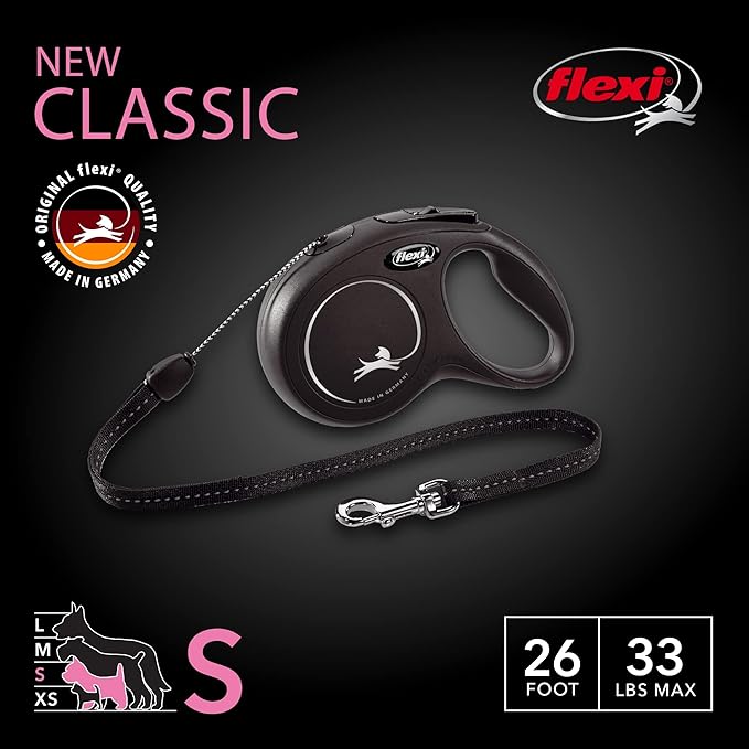 FLEXI Classic Cord Retractable Dog Leash for Small Dogs up to 33 lbs. – 26 ft., Black | Tangle-Free Cord Design with One-Handed Brake, Pause, Lock|German Quality Product