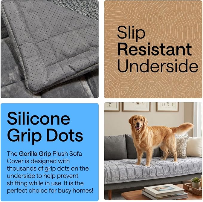 GORILLA GRIP Slip and Leak Resistant Plush Quilted Recliner Cushion Cover Blanket, Soft Couch Covers for Sofa Dogs, Machine Washable Furniture Protector Pet Friendly Couches, Gray, 28x28 Inches