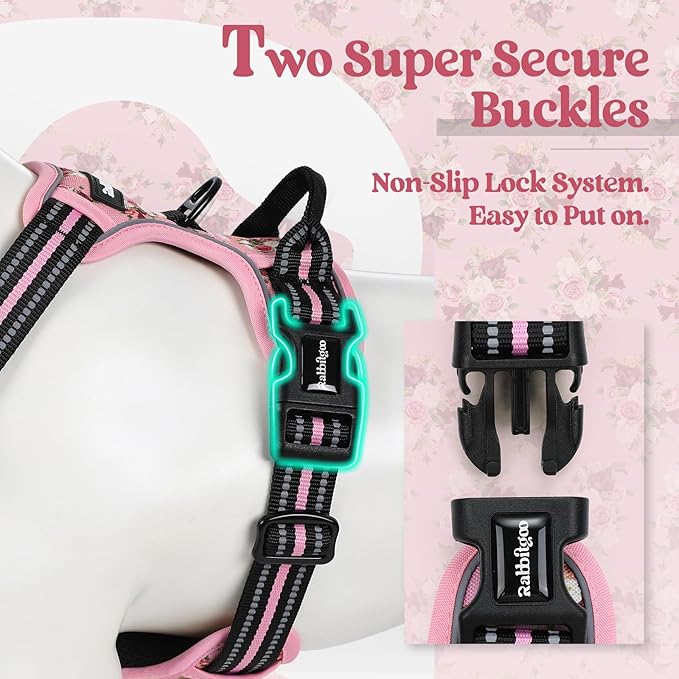 rabbitgoo Dog Harness No Pull with 2 Leash Clips, Adjustable Soft Padded, Reflective Oxford No Choke Pet Vest with Easy Control Handle for Large Dogs, Pink Rose, L