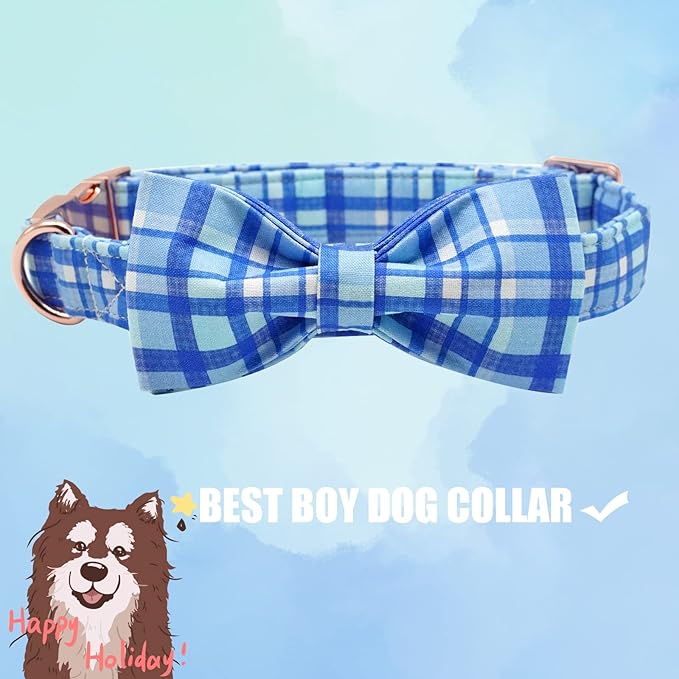 Elegant little tail Dog Collar, Blue Plaid Dog Collar Bow Boy Pet Collar with Metal Buckle Pet Dog Bows Soft Adjustable Dog Collar for Large Dogs