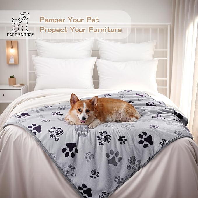 Waterproof Dog Blankets Pet Blanket 60"x80", Soft Fluffy Sofa Car Bed Protector, Reversible Sherpa Fleece Dog Blanket for Large Dogs(Light Grey-Paws)