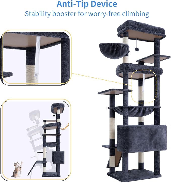 Heybly Tall Cat Tree for Large Cat, 80-inch Multi-Level Cat Tower for Indoor Cats with Large Baseboard, Condo Furniture with 2 Widened Plush Perches,Scratching Board and Big Caves, Smoky Gray HCT038G