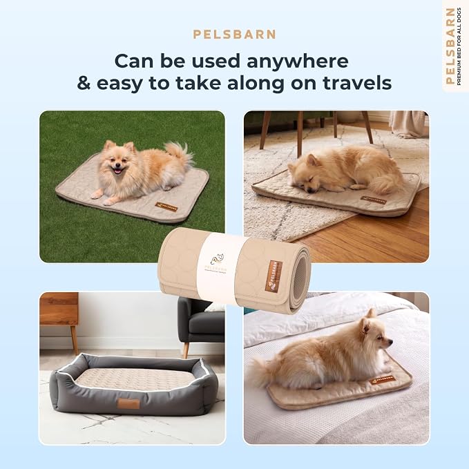 Pelsbarn Dog Cooling Mat- Ice Silk Summer Comfort, Self Cooling, Non-Slip Dog Pad, Durable & Washable, Mat for Extra Small Dogs 15 x 19, Support Shelter Dogs with Every Purchase (Beige)
