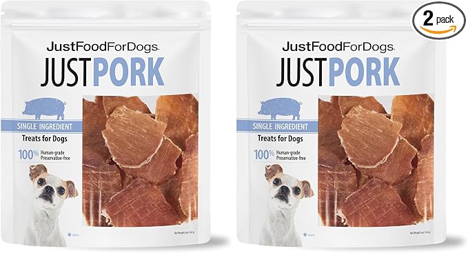 JustFoodForDogs Ingredient Healthy Dog Treats and Dog Snacks,Jerky Treats,Human Grade,Preservative and Grain Free,Rawhide Free Chews,Low Calorie Treat - Pork,5 oz,(Pack of 2)