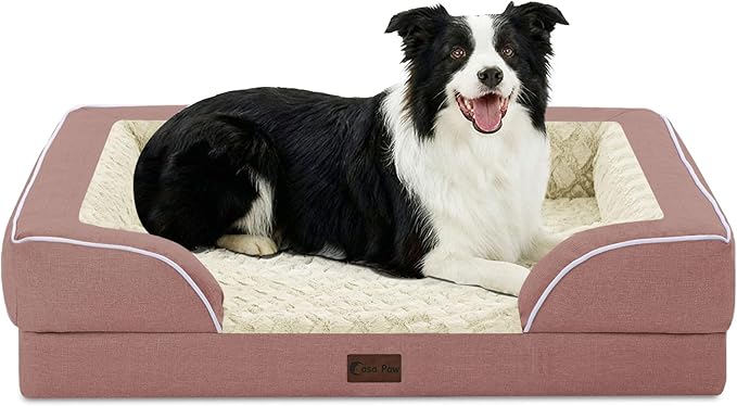 Orthopedic Dog Beds for Large Sized Dogs 35x22 Inch, Medium Waterproof Egg Crate Foam Dog Sofa Bed with Removable Washable Cover Pet Couch with Bolster Side & Non-Slip Bottom, Pink