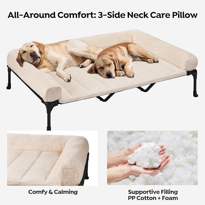 Veehoo Orthopedic Elevated Dog Bed with Fluffy Plush Bolster Cushion, Indoor Raised Dog Beds for Large Dogs, Soft Pet Sofa Cot with Removable Washable Mat, No-Slip Feet, 59 x 37 inches, Cream White