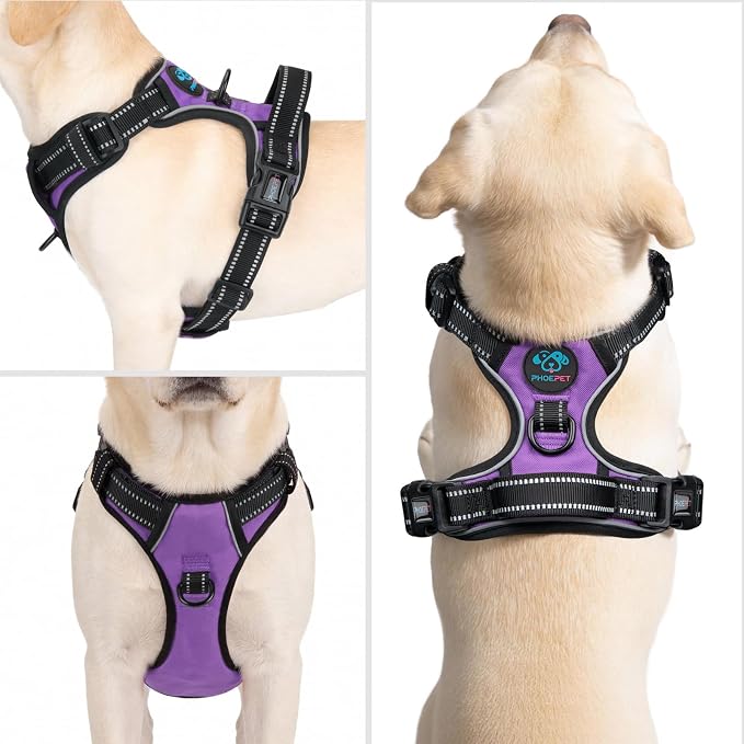 PHOEPET Reflective Dog Harness No Pull Large Breed Vest with 2 Metal Leash Attachment Hooks(L, Purple)