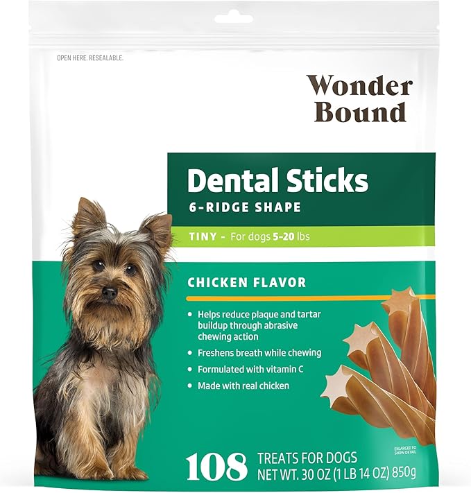 Wonder Bound Chicken Flavor Dental Sticks for Tiny Dogs (5-20 lbs), 6-Ridge Shape for Plaque & Tartar Control, Freshens Breath, Made With Real Chicken, 108 Count