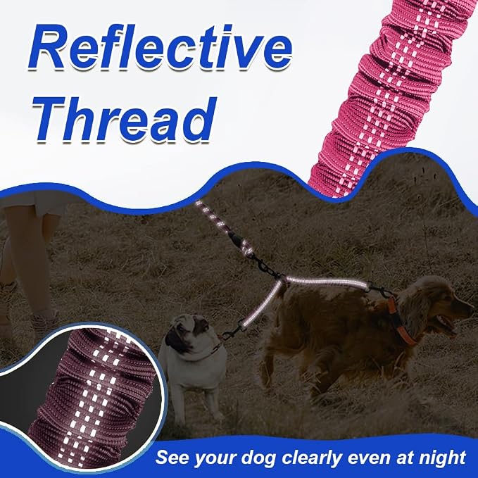 MingXpets Double Dog Leash, Dual Dog Leash, 360° Swivel Tangle Free Bungee Walking Training for Large Medium Dogs, Shock Absorbing Bungee Reflective for Two Dogs, 18~120 lbs, Pink