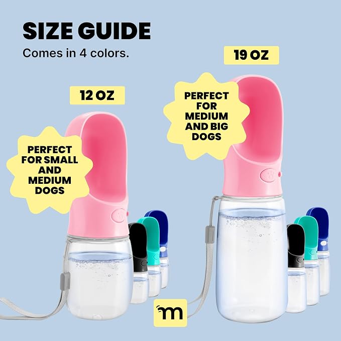 MalsiPree On the Go Dog Water Bottle Dispenser - 12 oz Pink - Leak-Proof Lock & One-Hand Operation - Pet Travel Bottle with Built-in Bowl, for Travel, Trail Hiking, Park Visit, Camping & Beach Days