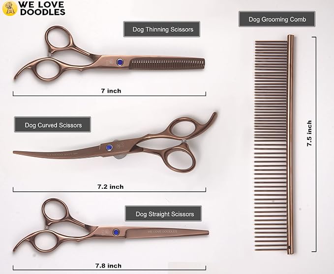 Dog Grooming Scissors Kit - Best Tools for Goldendoodles & Poodles - Straight, Curved & Thinning Shears - Professional Grade Stainless Steel, 4 Pc Set [We Love Doodles]